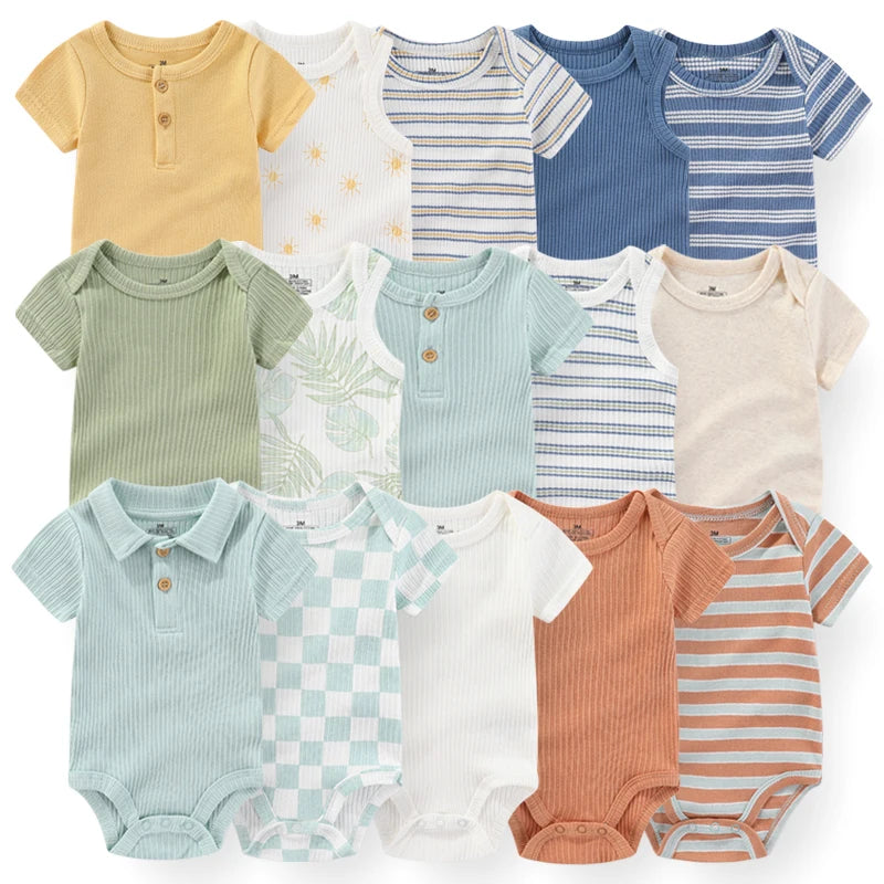 5-Piece Newborn Baby Bodysuit Set, Unisex Cotton Sleeveless Rompers with Cartoon and Solid Color Designs for Boys and Girls