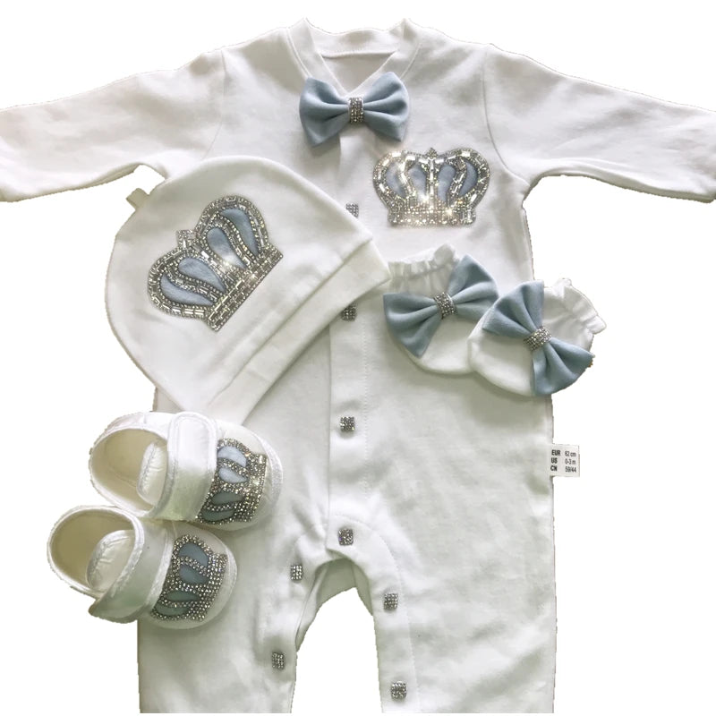 Light Pink Newborn Baby Personalized Name Outfits 4 Pieces Welcome Home Hospital Crown Jewelry Romper Set Layette