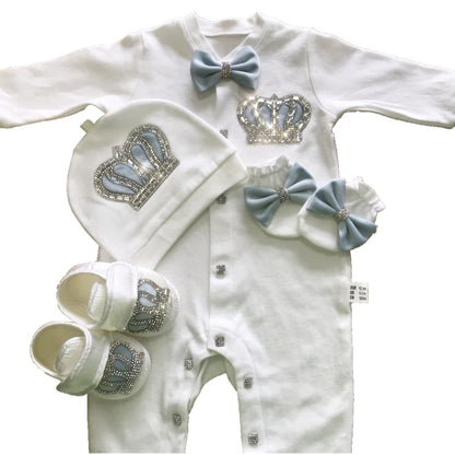Light Pink Newborn Baby Personalized Name Outfits 4 Pieces Welcome Home Hospital Crown Jewelry Romper Set Layette