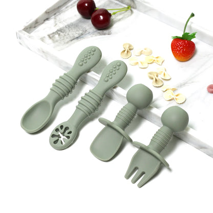 Silicone Food Grade 4pcs Baby Feeding Spoon Set Mini Small Fork and Spoon and Long Spoon Set