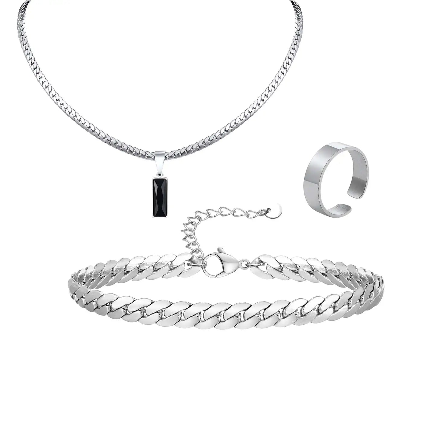Stylish 3pcs Men's Flat Cuban Chain Jewelry Set,Stainless Steel Geometric Stone Pendent,Hip Hop Jewelry Gifts for Dad Son Him