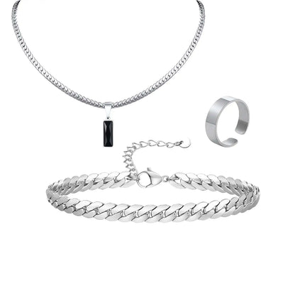 Stylish 3pcs Men's Flat Cuban Chain Jewelry Set,Stainless Steel Geometric Stone Pendent,Hip Hop Jewelry Gifts for Dad Son Him