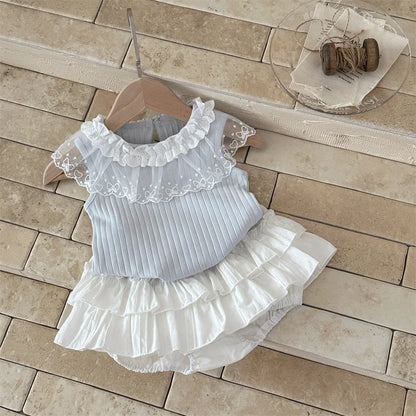 6M-2Y Summer Sweet Style Girls Set Lace Ruffle Collar Sleeveless Tee+White Ruffle Shorts 2Pcs Clothes Soft Cotton Infant Suit