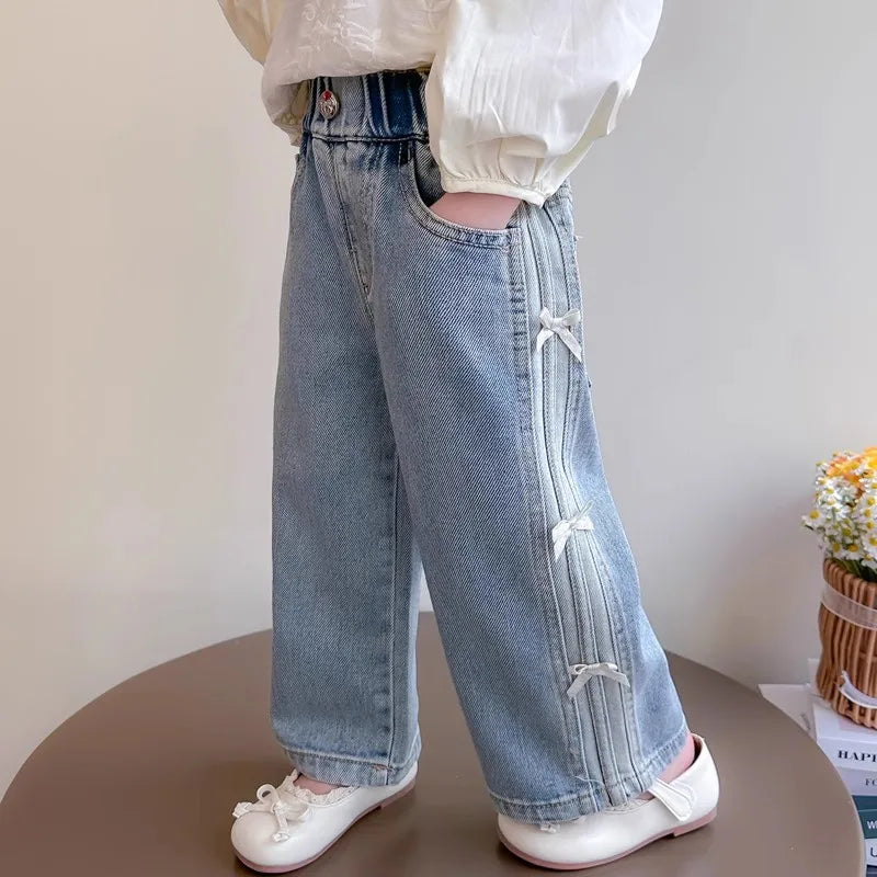 Girls Spring Jeans Kids Summer Bow Denim Pants Children's Straight Wide-leg Trousers Toddler Autumn Loose Clothing 2-8Y