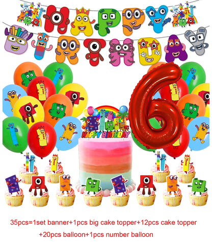 Number Birthday Decorations Building Blocks Tablecloth Banner Spiral Cake Topper Balloon for Kids Baby Shower Supplies Gifts