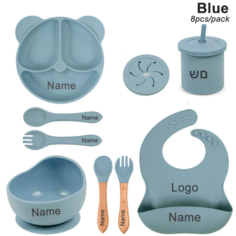 Silicone Sucker Bowl Plate Cup Bibs Spoon Fork Sets Personalized Name Children's Feeding Dishes Silicone Tableware Set For Kids