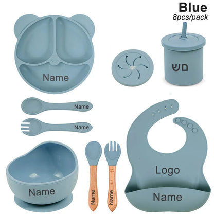 Silicone Sucker Bowl Plate Cup Bibs Spoon Fork Sets Personalized Name Children's Feeding Dishes Silicone Tableware Set For Kids
