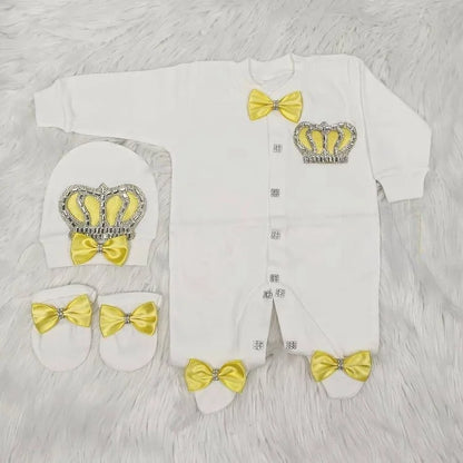 Baby Prince Welcome Home 3pcs Crown Layette Hospital Exit Newborn Outfits Swaddle Set Hello World I'm new Cotton