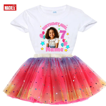 Custom Photo Birthday Girl Shirt And Tutu Set Girls' Party Dress Outfit with Name Personalization Child's Special Day Clothing