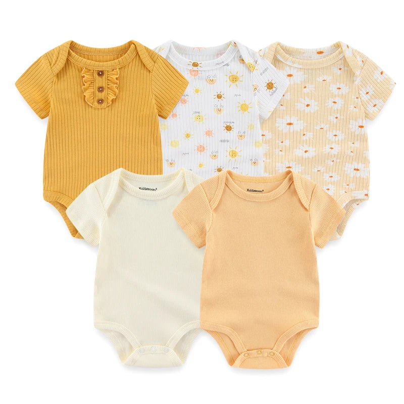 5-Piece Newborn Baby Bodysuit Set, Unisex Cotton Sleeveless Rompers with Cartoon and Solid Color Designs for Boys and Girls
