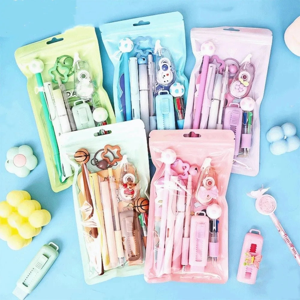 Cartoon School Stationery Set 6 Color Pens Stick Note Student Tools Gift Kit Eraser Large Capacity Learning Gift Box