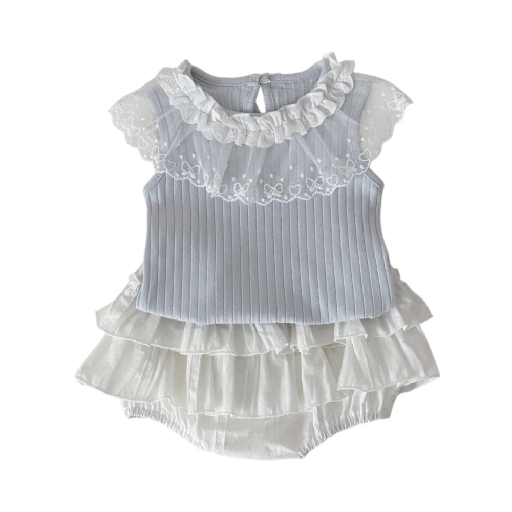 6M-2Y Summer Sweet Style Girls Set Lace Ruffle Collar Sleeveless Tee+White Ruffle Shorts 2Pcs Clothes Soft Cotton Infant Suit