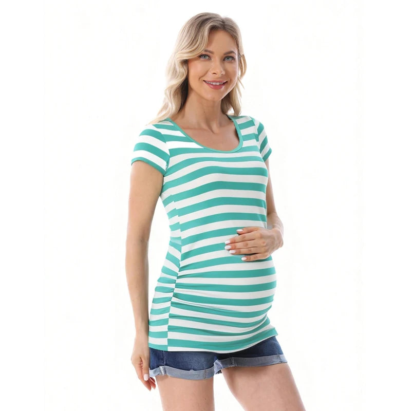 Summer Striped Maternity T-shirt Big Size Women Pregnancy Tops Casual Loose Breathable Comfortable Pregnant Lady Tee