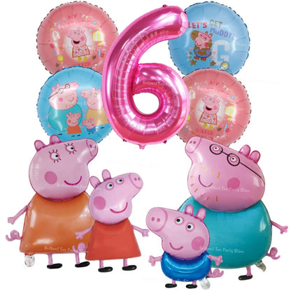 9pcs Peppa Pig Foil Balloon Set Pink Numbers Birthday Party Decoration Cartoon Family Balloons for Children's Events Baby Gifts
