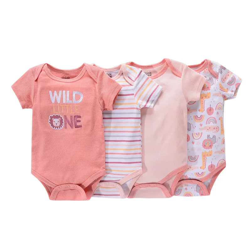 4-Piece Baby Romper Set, Soft Cotton Cartoon Print Short Sleeve Bodysuits for Newborn Boys and Girls (0–12M)