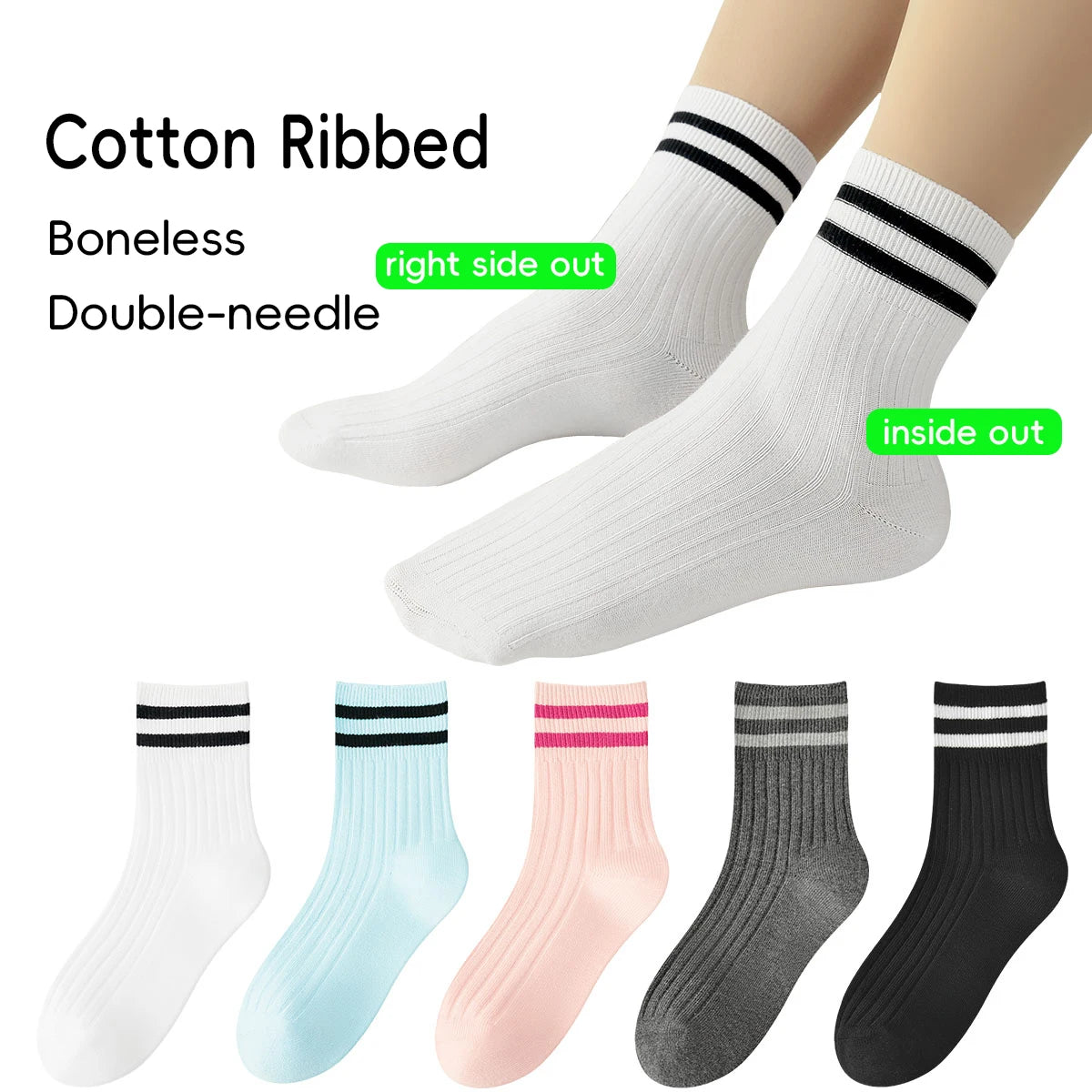 Kids Boys Girls Cotton Socks - Seamless Double Needle Ribbed 2-Stripe, All Season School Home Sports Socks