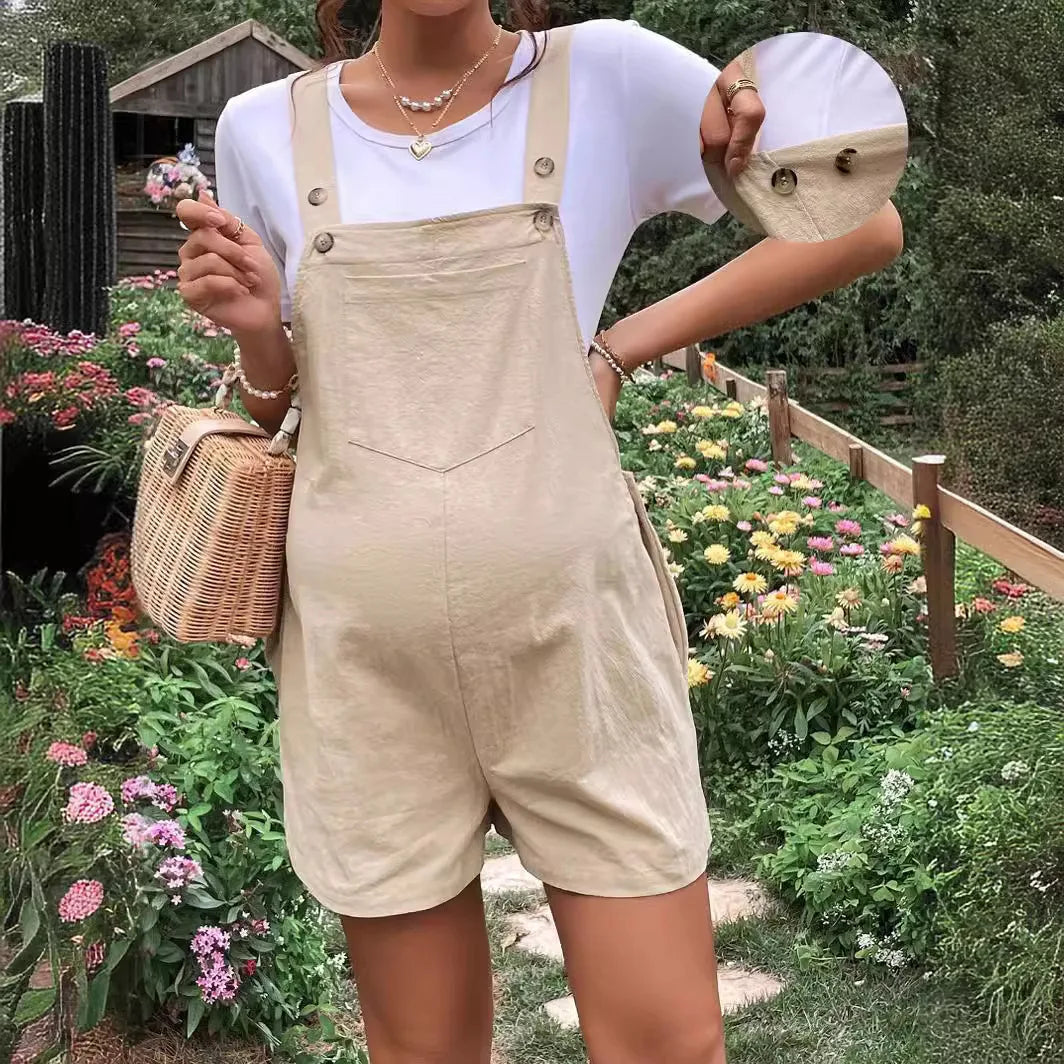 Summer New Pregnant Women's Solid Color Suspender Jumpsuit with Adjustable Waist Comfortable Casual Women's Shorts