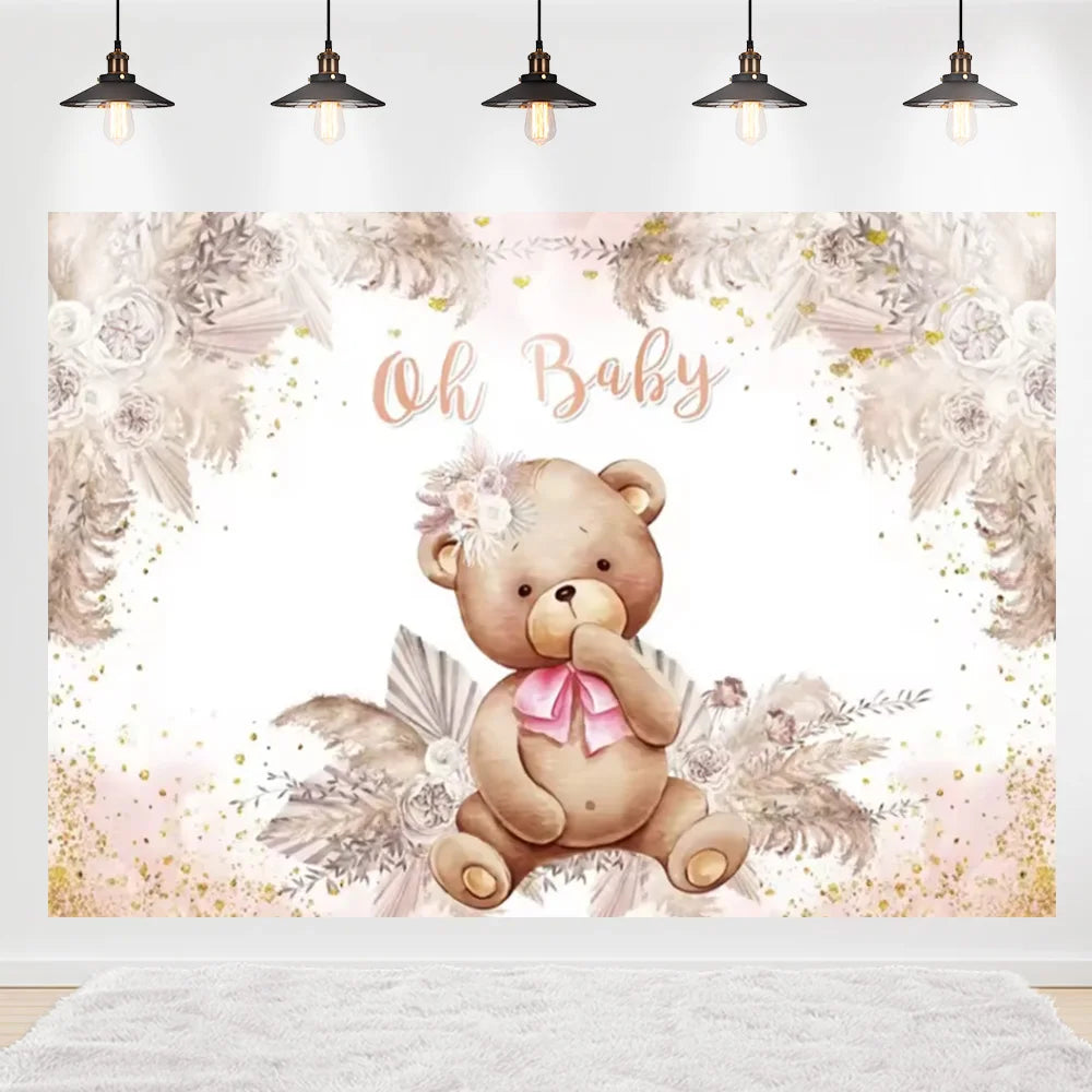 Welcome Baby Shower Newborn Background Decoration Girl Boy Birthday Party Backdrop Supplies Balloon Teddy Bear Photographic Prop