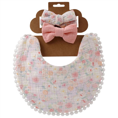 3Pcs/Set Cute Baby Girl Bibs Cotton Floral Infant Burp Cloth With Bow Headband Double Side Saliva Towel Newborn Accessories