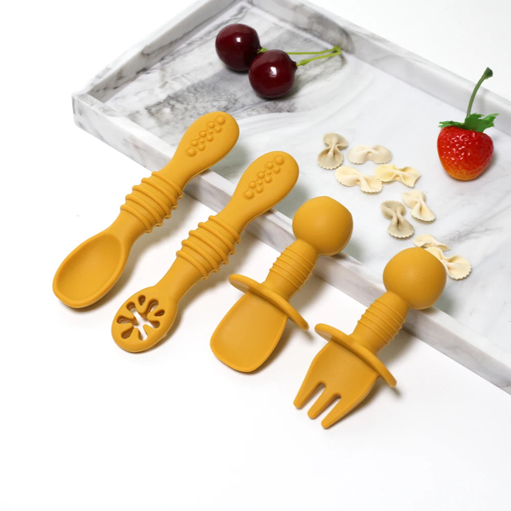 Silicone Food Grade 4pcs Baby Feeding Spoon Set Mini Small Fork and Spoon and Long Spoon Set