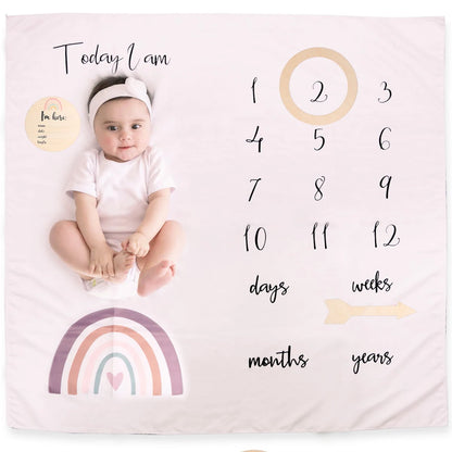 Baby Milestone Blanket Set, Monthly Growth Photo Backdrop with Wooden Cards for Newborn Photography