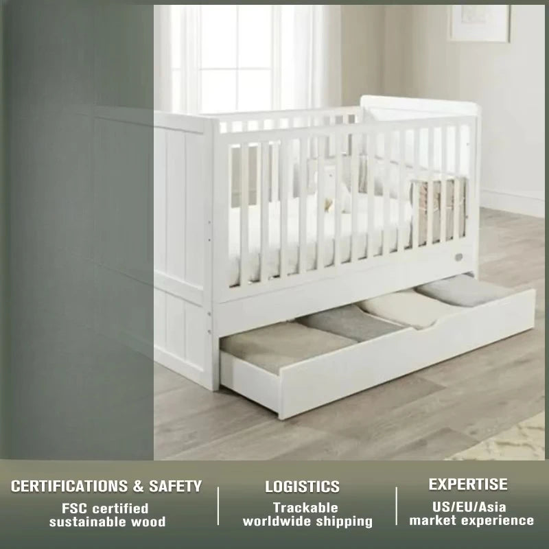 Convertible Cribs With Storage Drawers Safety Newborn Baby Cot Bed Kids Furniture Set Solid Wood
