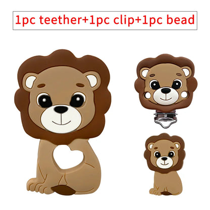 3pcs/set Silicone Cartoon Animal Figure Teether Beads and Clips Baby Teether Pacifier Chain Accessories Teething Jewelry Toys