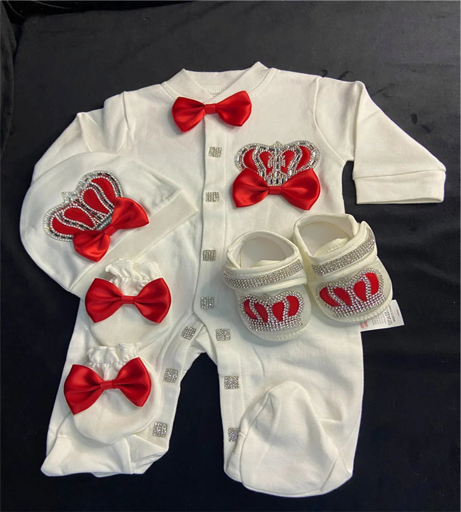 Light Pink Newborn Baby Personalized Name Outfits 4 Pieces Welcome Home Hospital Crown Jewelry Romper Set Layette