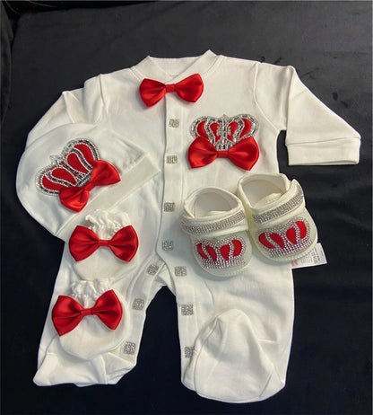 Light Pink Newborn Baby Personalized Name Outfits 4 Pieces Welcome Home Hospital Crown Jewelry Romper Set Layette