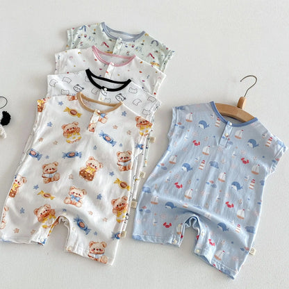 Summer Casual Baby Romper, Cute Cartoon Print Sleeveless One-Piece Bodysuit for Toddlers