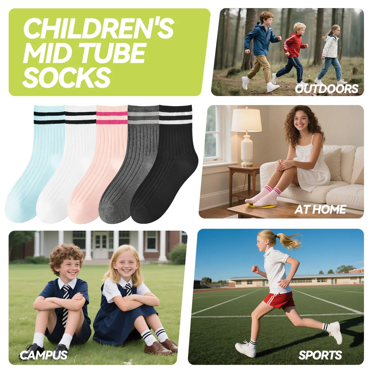 Kids Boys Girls Cotton Socks - Seamless Double Needle Ribbed 2-Stripe, All Season School Home Sports Socks
