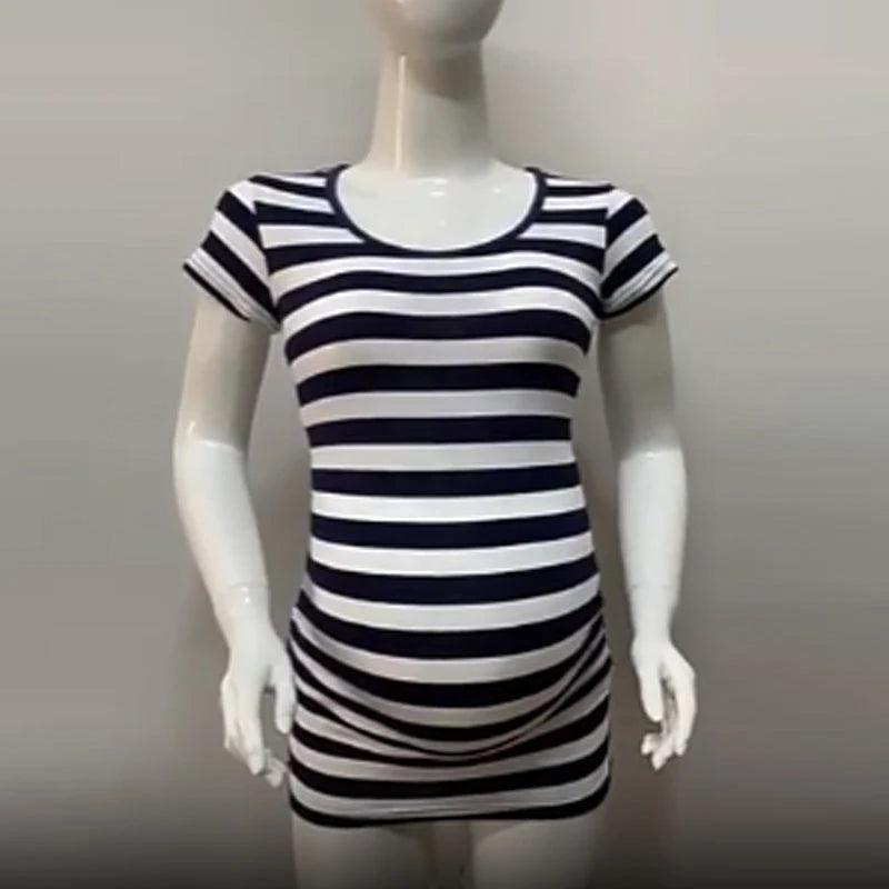Summer Striped Maternity T-shirt Big Size Women Pregnancy Tops Casual Loose Breathable Comfortable Pregnant Lady Tee