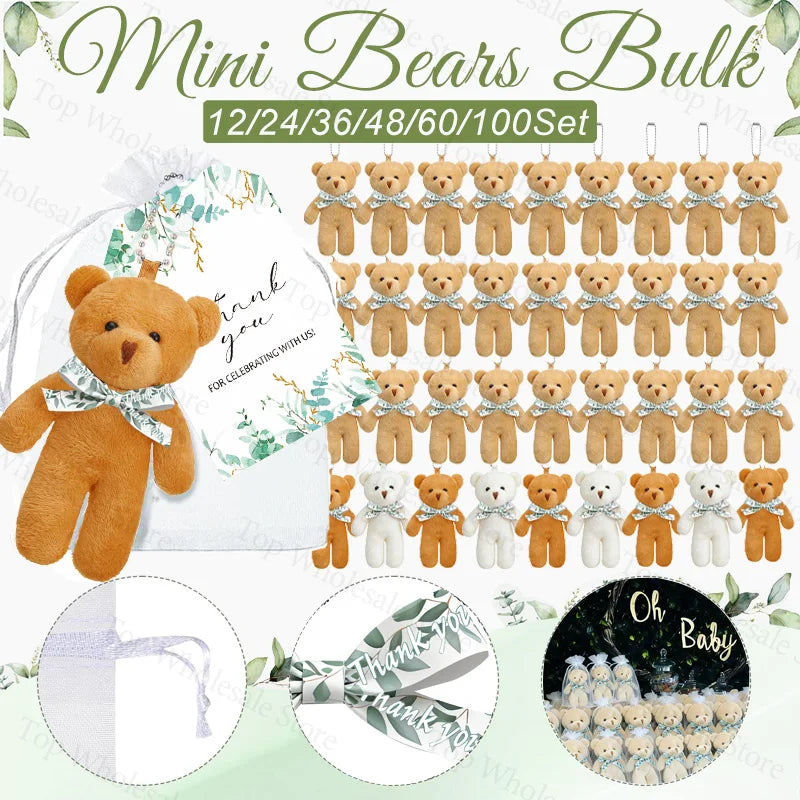 12-100Set Mini Bears Bulk Baby Shower Favors Wedding Party Favors for Guest Small Stuffed Bears Keychains for Party Souvenir