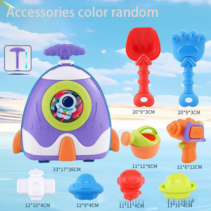 Kids Pull-Along Suitcase Beach Toys - Complete Astronaut Spaceship Sand Set with Bucket, Rake, Molds, Outdoor Beach Games