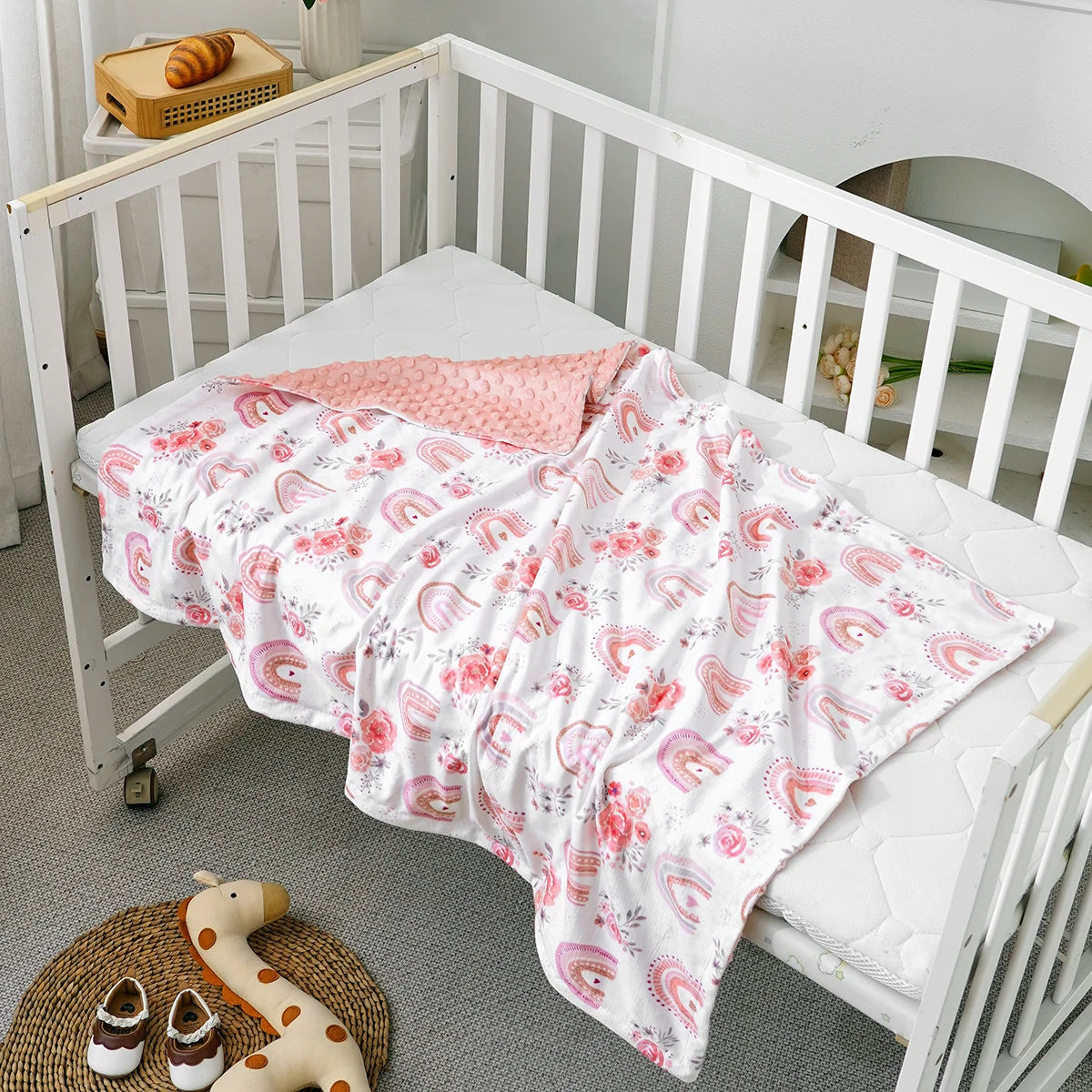 1PC Baby Blanket, Soft Plush Minky Blanket with Double Layer Dotted Backing for Toddler, Multicolor Printed 30 x 40 Inch