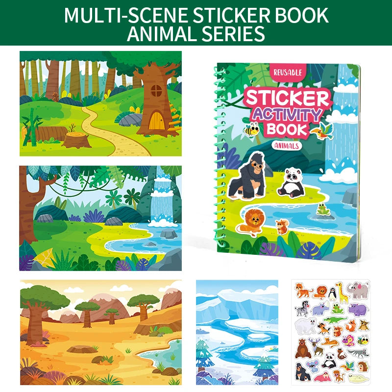 Children Reusable Jelly Sticker Book Creative Multi-Theme Cartoon Stickers Portable DIY Montessori Book Sticker Toy for Kids