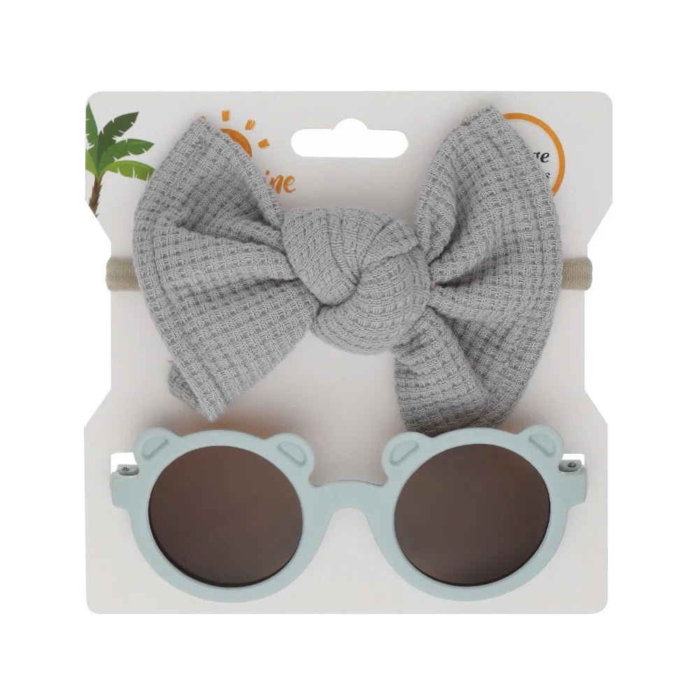 2Pcs/Set Bear Baby Sunglasses Waffle Topknot Hair Bows Headbands Sun Protection Shadow Glasses Kids Fashion Hair Accessories