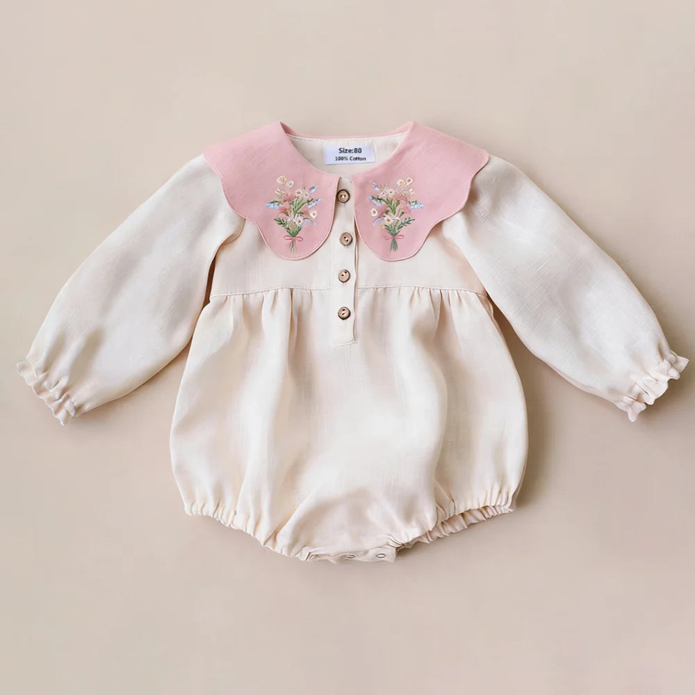 Baby Girls Cotton Linen Romper, Sleeveless Embroidered Summer Outfit (0–2 Years)