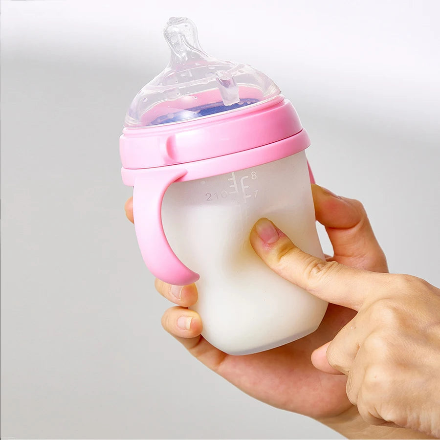 1pc Silicone Baby Bottle 150ml/240ml Soft Durable against drops Big Mouth Pacifier Head Silicone with Handle and Gravity Ball