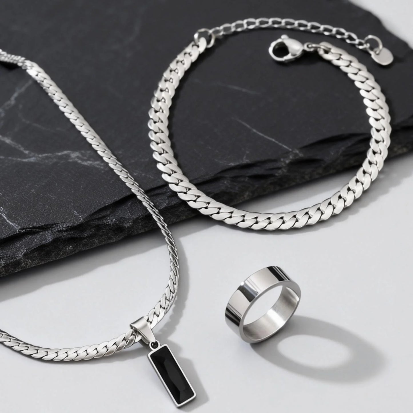 Stylish 3pcs Men's Flat Cuban Chain Jewelry Set,Stainless Steel Geometric Stone Pendent,Hip Hop Jewelry Gifts for Dad Son Him