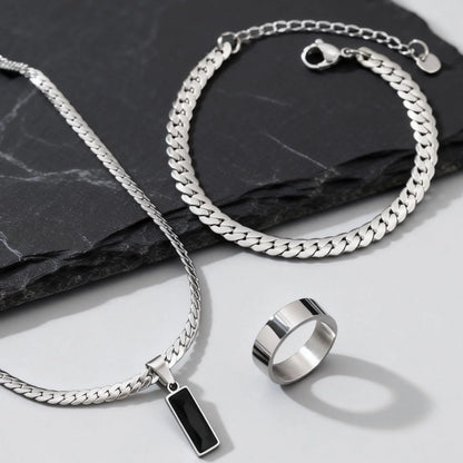 Stylish 3pcs Men's Flat Cuban Chain Jewelry Set,Stainless Steel Geometric Stone Pendent,Hip Hop Jewelry Gifts for Dad Son Him