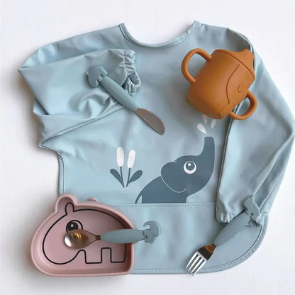 Baby Infant Eating Clothes PU Kids Smock Bib Long Sleeve Waterproof Food Pocket Easy to Clean