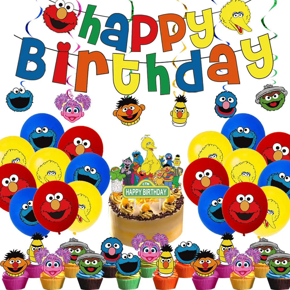 Cartoon Sesames Street Birthday Party Decorations Balloons Plate Cup Banner Tableware Set for Baby Shower Party Favors Kids Gift