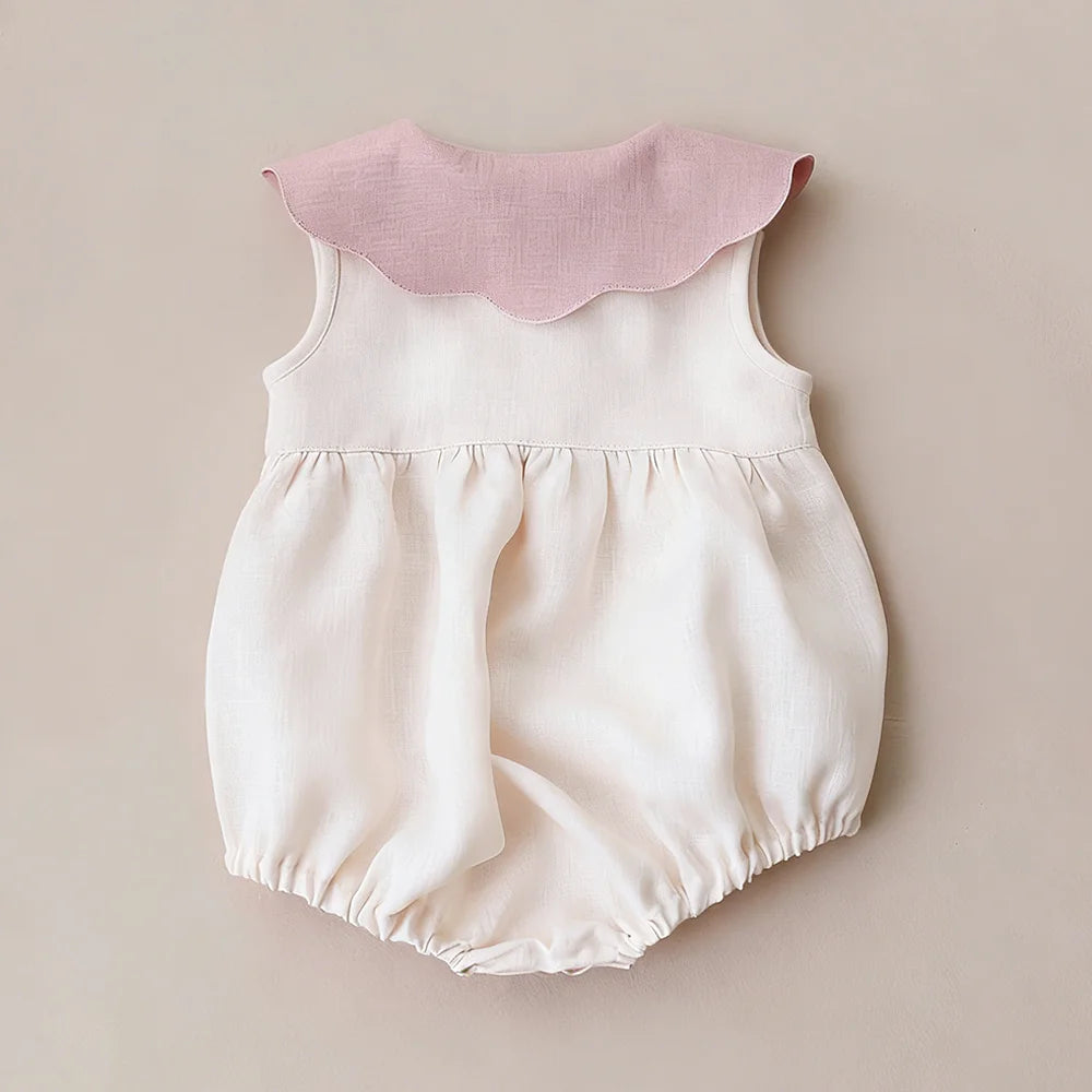 Baby Girls Cotton Linen Romper, Sleeveless Embroidered Summer Outfit (0–2 Years)