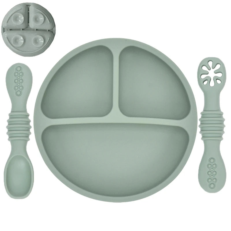 Silicone Baby Sucker Silicone Dining Plate Rice Spoon Set Cute Cartoon Children Dishes Smile Face Baby Tableware Retro Kid Bowl