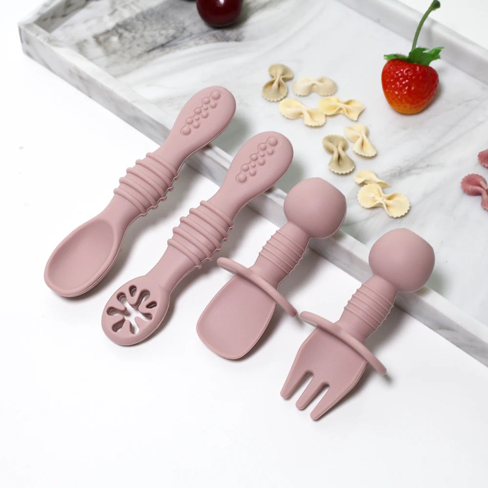 Silicone Food Grade 4pcs Baby Feeding Spoon Set Mini Small Fork and Spoon and Long Spoon Set