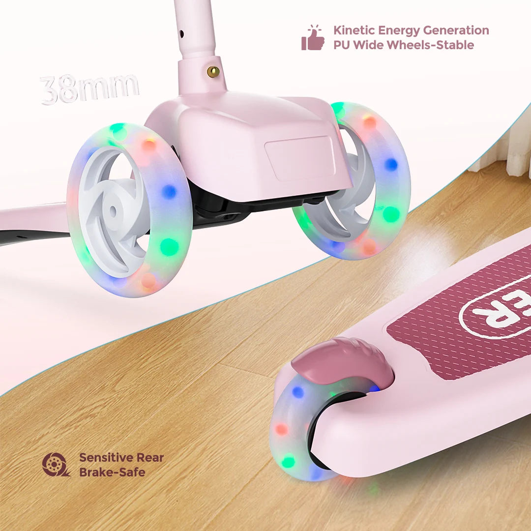 Kick Scooter for Kids with 3-Wheeled LED Lights,Adjustable Lean-to-Steer Handlebar,Foldable Seat,Sit or Stand Ride,for 3-8 Years