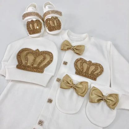 Light Pink Newborn Baby Personalized Name Outfits 4 Pieces Welcome Home Hospital Crown Jewelry Romper Set Layette