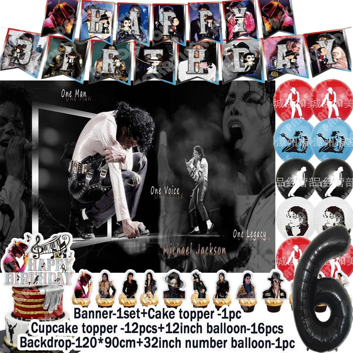 Music&Michael&J-jackson Birthday Party Supplies Banner Latex Balloons Cake Topper Cupcake Toppers Backdrop Fans Kids Adults Gift