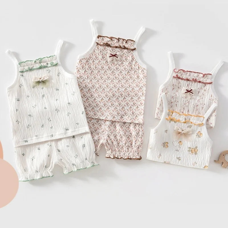 Summer Infant Baby Girls 2Pcs Floral Cami Set Cute Ruffle Trim Sleeveless Top And Shorts Toddler Cotton Comfort Outfits
